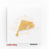 Wide hexagonal gold ladies ring with lattice filigree and bead accents, finished with dangling charms for added movement. RJLR1414