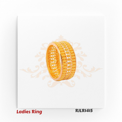 Stack-style gold ladies ring featuring multiple textured bands with detailed bead edging for a timeless traditional appeal. RJLR1415