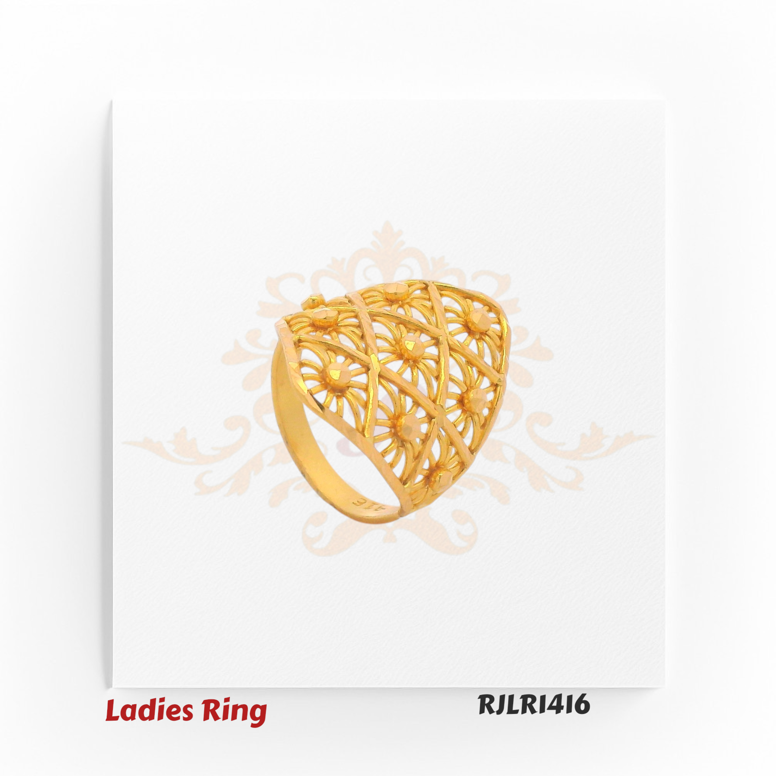 Diamond-shaped gold ladies ring with crisscross latticework adorned by small floral motifs for a balanced and elegant look. RJLR1416