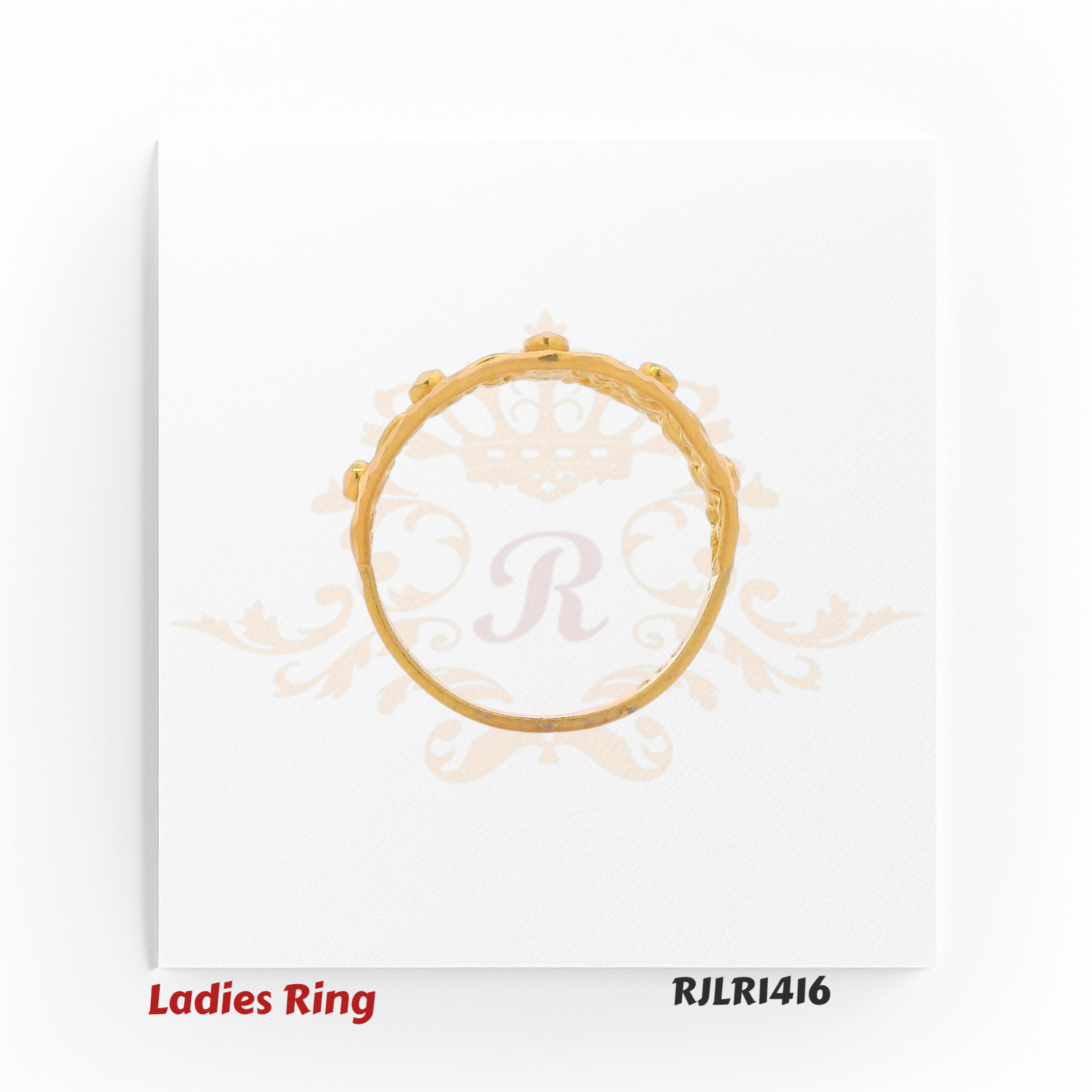 Diamond-shaped gold ladies ring with crisscross latticework adorned by small floral motifs for a balanced and elegant look. RJLR1416