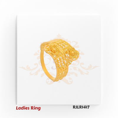 Dual-panel gold ladies ring featuring intricate floral filigree and textured detailing, creating a bold ornamental style. RJLR1417