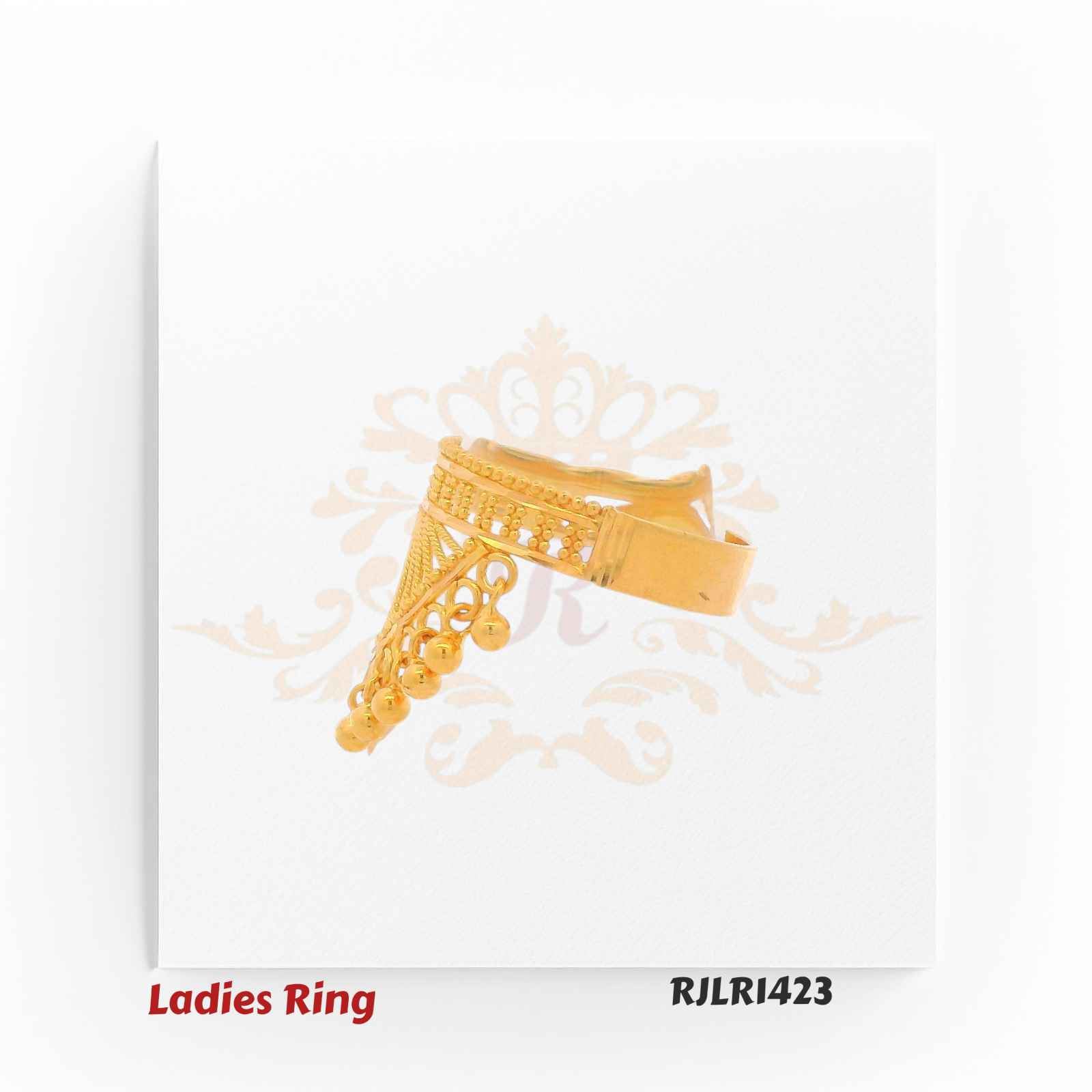 Unique fan-shaped gold ladies ring with dangling bead charms and intricate wirework, creating a dramatic ethnic look. RJLR1423