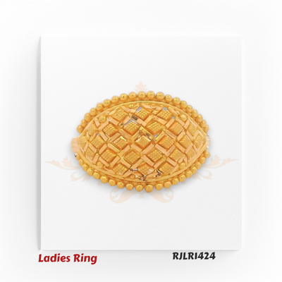 Front-facing view of a classic gold ladies ring showcasing an intricate lattice pattern framed by a border of polished gold beads for an elegant finish. Model RJLR1424.