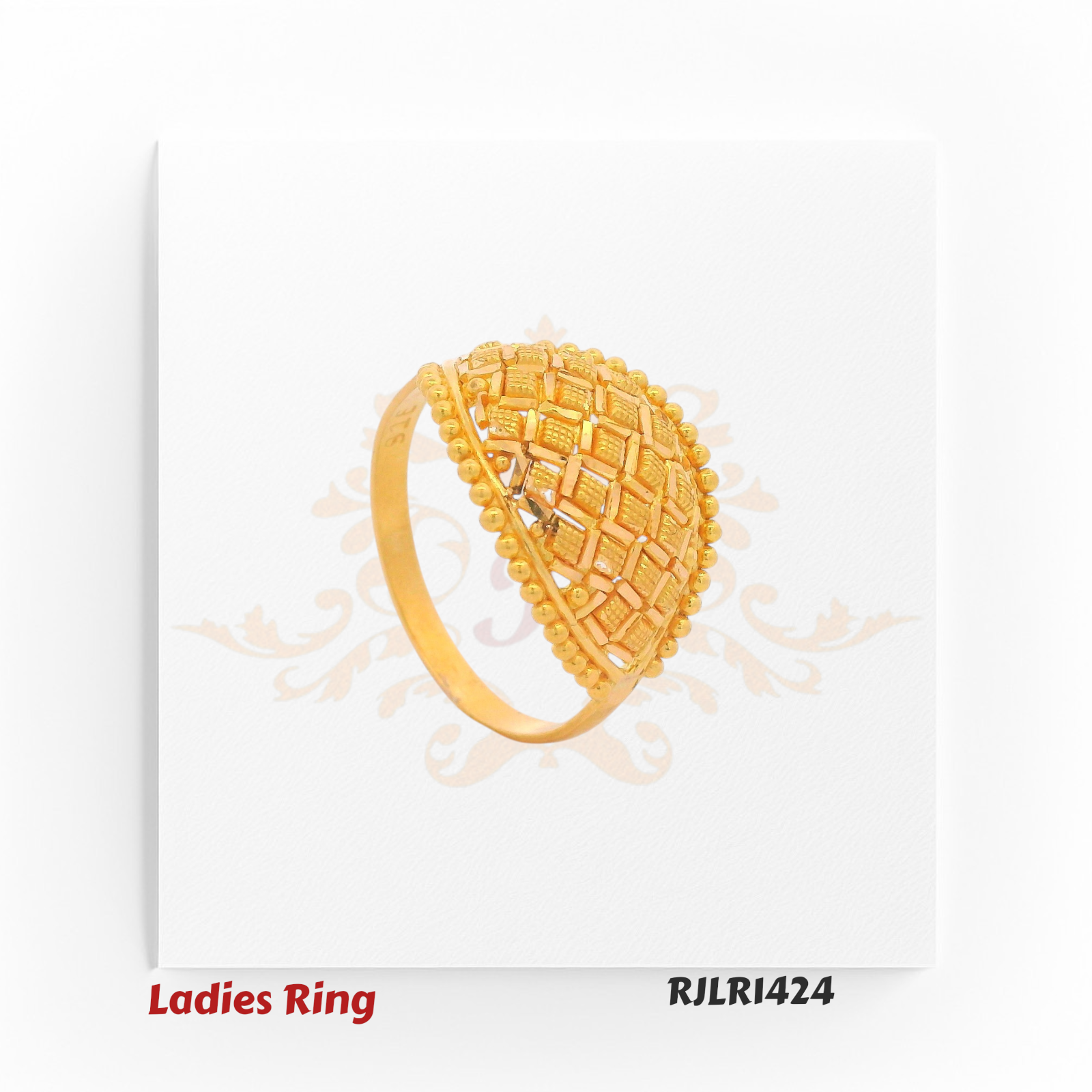 Angled side view of the gold ladies ring highlighting the domed latticework design, smooth band, and bead-edged detailing for a timeless appeal. Model RJLR1424.
