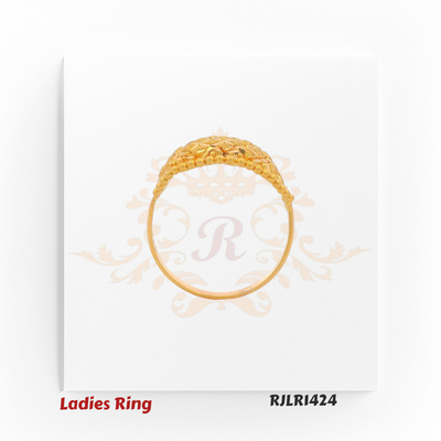 Profile view of the gold ladies ring featuring the raised textured dome and uniform beaded border seamlessly transitioning into the band. Model RJLR1424.