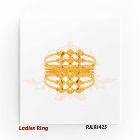 Angled view of a stylish gold ladies ring showcasing multiple slender bands arranged in parallel, each adorned with small geometric motifs and polished bead accents for a structured yet elegant design. Model RJLR1425.