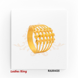 Side profile view of a contemporary gold ladies ring emphasizing its layered band arrangement, precise geometric detailing, and symmetrical bead placement for a balanced aesthetic. Model RJLR1425.