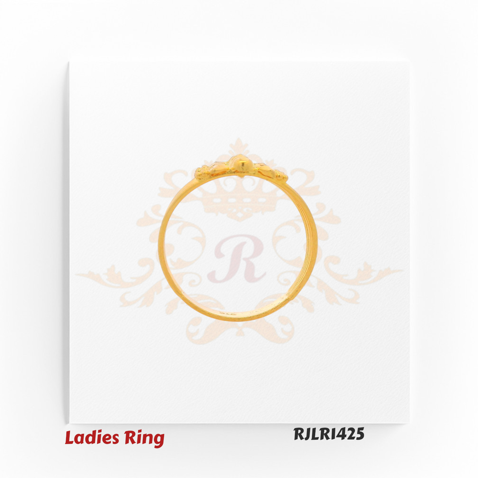 Top-down view of a chic gold ladies ring highlighting the uniform alignment of its multiple bands, intricate geometric patterns, and polished bead embellishments for a refined finish. Model RJLR1425.