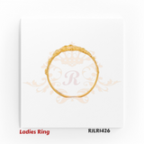 Top-down view of a beautifully crafted gold ladies ring, highlighting the symmetrical teardrop design and elaborate floral arrangements framed by precise beaded edging. Model RJLR1426.