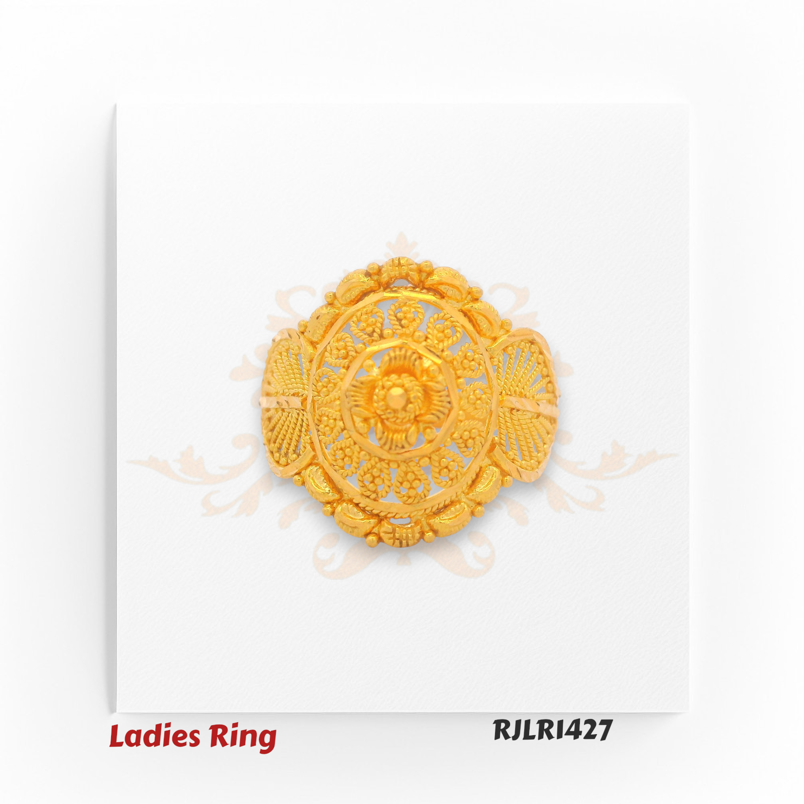Angled view of an ornate gold ladies ring featuring an intricate floral-inspired centerpiece framed with detailed beadwork and shell-like motifs for a regal touch. Model RJLR1427.