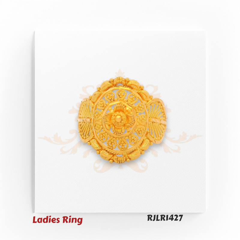 Angled view of an ornate gold ladies ring featuring an intricate floral-inspired centerpiece framed with detailed beadwork and shell-like motifs for a regal touch. Model RJLR1427.