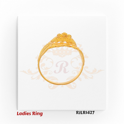 Top-down view of a stunning gold ladies ring highlighting the symmetrical floral arrangement, surrounding textures, and intricate detailing that create a timeless design. Model RJLR1427.