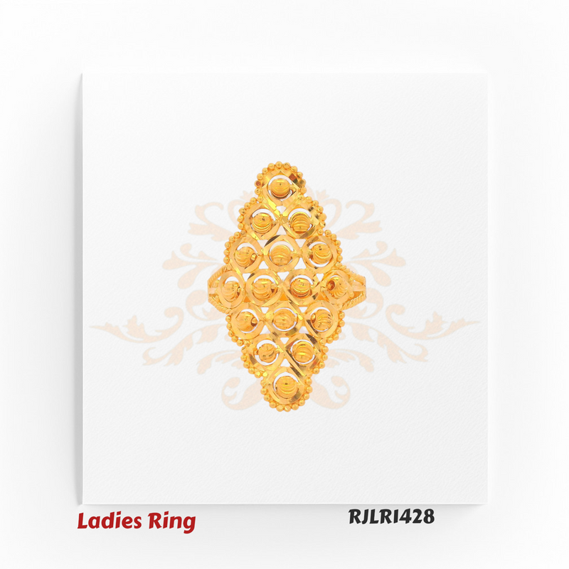 Top-down view of an ornate gold ladies ring showcasing the symmetrical arrangement of round accents within the lattice pattern for a refined, eye-catching appeal. Model RJLR1428.