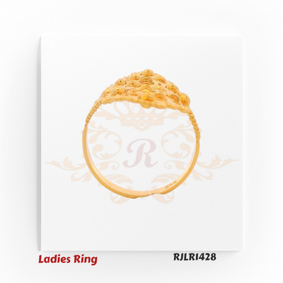 Angled view of an elongated gold ladies ring featuring an intricate lattice framework adorned with polished circular motifs, framed by fine bead detailing along the edges. Model RJLR1428.
