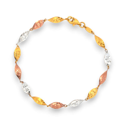 Tricolor Gold Bracelet with Leaf-Shaped Links – Unique Textured Pattern for Traditional and Modern Wear – Regal Jewels RJLB4043a
