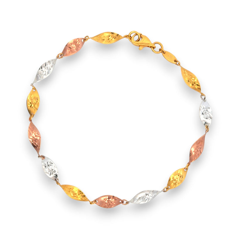 Tricolor Gold Bracelet with Leaf-Shaped Links – Unique Textured Pattern for Traditional and Modern Wear – Regal Jewels RJLB4043a