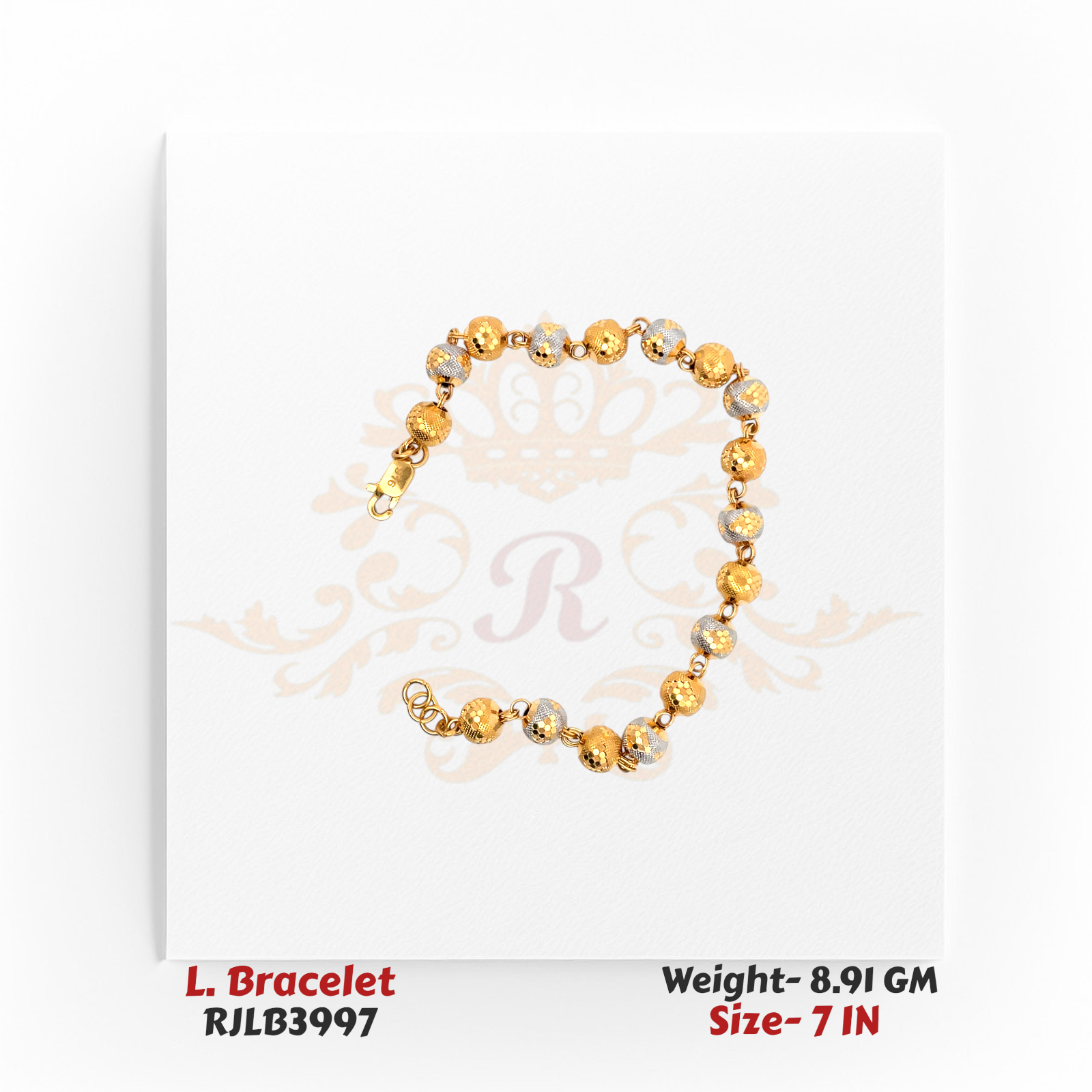 Top-down view of a dual-tone ladies bracelet featuring alternating yellow gold and white gold textured round beads, linked with delicate gold connectors, displayed in a circular form in a 7-inch size. Model RJLB3997.