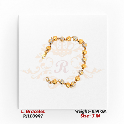 Top-down view of a dual-tone ladies bracelet featuring alternating yellow gold and white gold textured round beads, linked with delicate gold connectors, displayed in a circular form in a 7-inch size. Model RJLB3997.