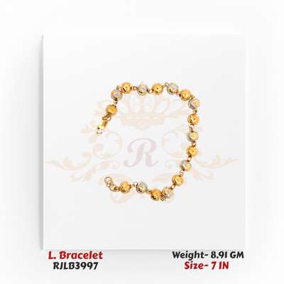 Top-down view of a dual-tone ladies bracelet featuring alternating yellow gold and white gold textured round beads, linked with delicate gold connectors, displayed in a circular form in a 7-inch size. Model RJLB3997.