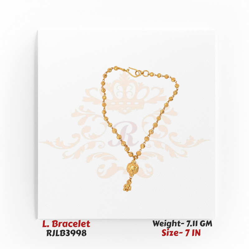 Traditional gold ladies bracelet featuring a continuous chain of small spherical gold beads with an ornate central bead charm and a dangling gold accent, crafted in an 7-inch size. Model RJLB3998.