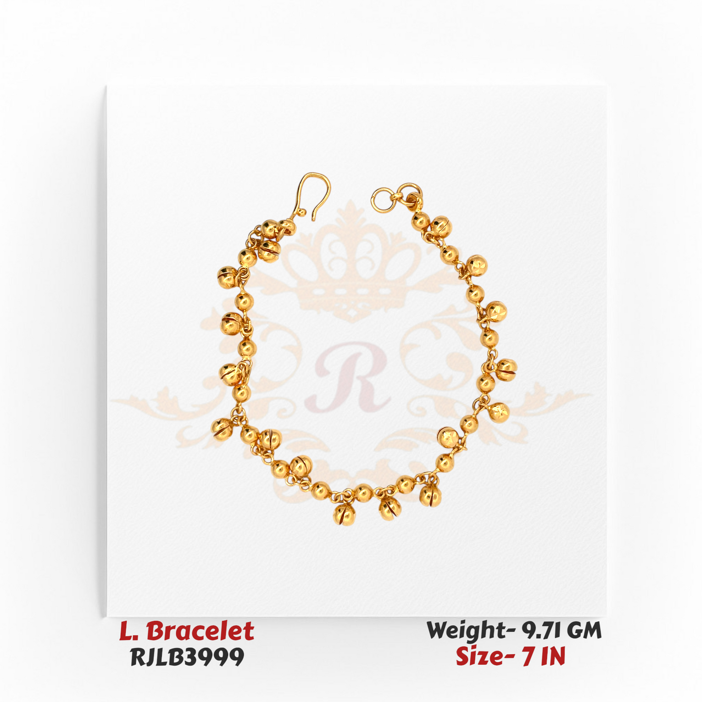 Top-down view of a delicate gold ladies bracelet featuring a linked chain adorned with small dangling gold beads, arranged in a circular form, crafted in a 7-inch size. Model RJLB3999.