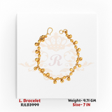 Top-down view of a delicate gold ladies bracelet featuring a linked chain adorned with small dangling gold beads, arranged in a circular form, crafted in a 7-inch size. Model RJLB3999.