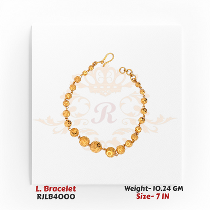 Top-down view of a traditional gold ladies bracelet featuring a continuous series of intricately textured spherical gold beads linked together, arranged in a circular form, crafted in a 7-inch size. Model RJLB4000.