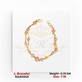 Top-down view of a tri-tone ladies bracelet featuring alternating yellow, white, and rose gold textured beads linked with delicate gold connectors, displayed in a circular layout in a 7-inch size. Model RJLB4001.