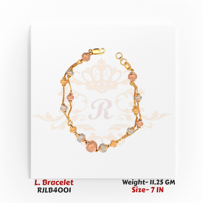 Top-down view of a tri-tone ladies bracelet featuring alternating yellow, white, and rose gold textured beads linked with delicate gold connectors, displayed in a circular layout in a 7-inch size. Model RJLB4001.