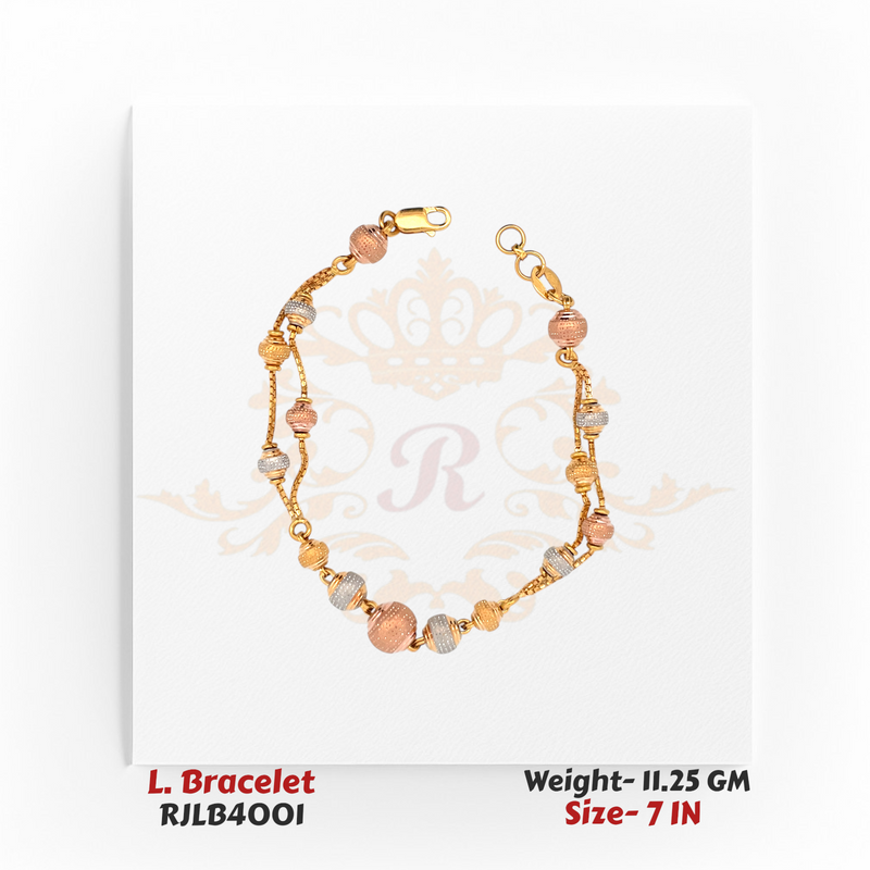 Top-down view of a tri-tone ladies bracelet featuring alternating yellow, white, and rose gold textured beads linked with delicate gold connectors, displayed in a circular layout in a 7-inch size. Model RJLB4001.