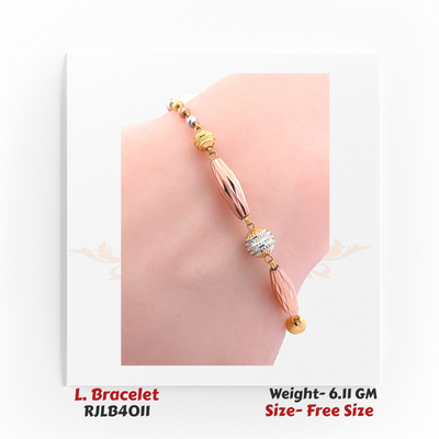 Elegant ladies’ bracelet featuring alternating rose gold, yellow gold, and silver-toned textured beads with elongated oval accents. RJLB4011