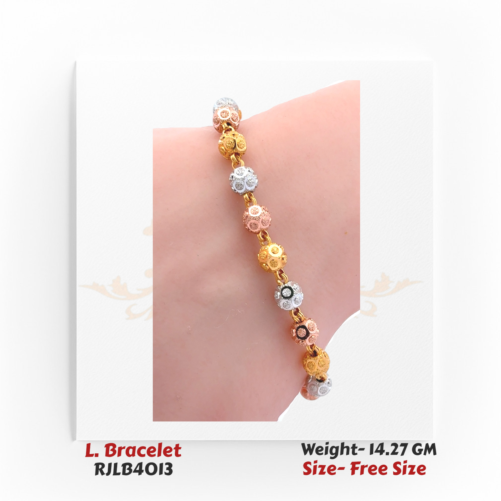 Multi-tone ladies’ bracelet featuring alternating yellow, white, and rose gold textured bead links for a colorful finish. RJLB4013