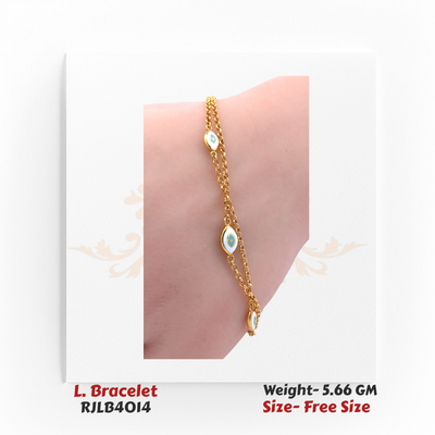 Modern ladies’ bracelet with dual fine gold chains accented by small marquise-shaped white-and-blue eye motifs. RJLB4014