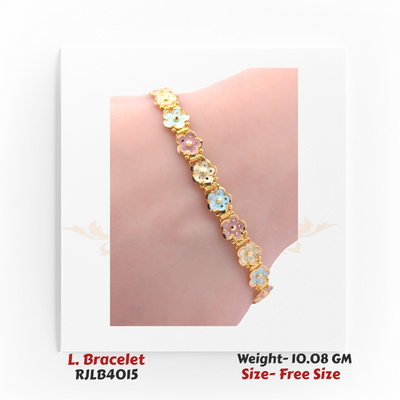 Vibrant floral ladies’ bracelet in yellow gold with alternating pink, blue, and white enamel flowers. RJLB4015