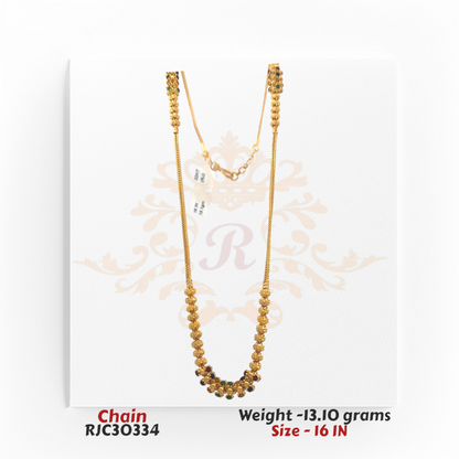 22kt gold chain with textured gold beads and multicolored gemstone detailing, 16 inches in length. Product code RJC30334, total weight 13.10 grams.