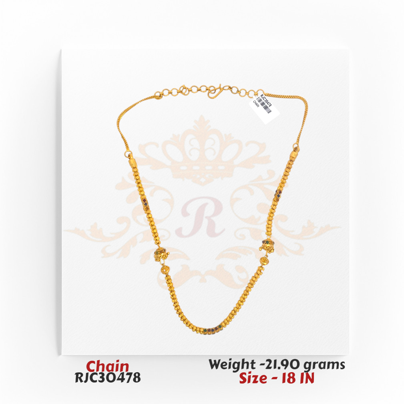 22kt gold chain featuring ornate gold beads with black stone accents, finished with decorative gold end caps, measuring 18 inches in length. Product code RJC30478, total weight 21.90 grams.