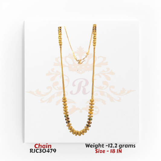 22kt gold chain with textured gold beads and multicolor gemstone accents, 18 inches long. Product code RJC30479, total weight 12.2 grams.