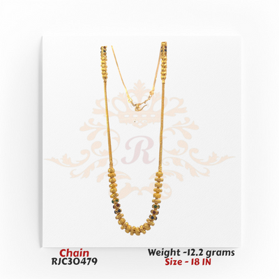 22kt gold chain with textured gold beads and multicolor gemstone accents, 18 inches long. Product code RJC30479, total weight 12.2 grams.