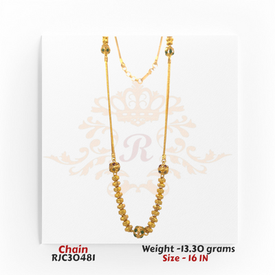 22kt gold chain with green stone accents and beaded design, 16 inches in length. Product code RJC30481, total weight 13.30 grams.