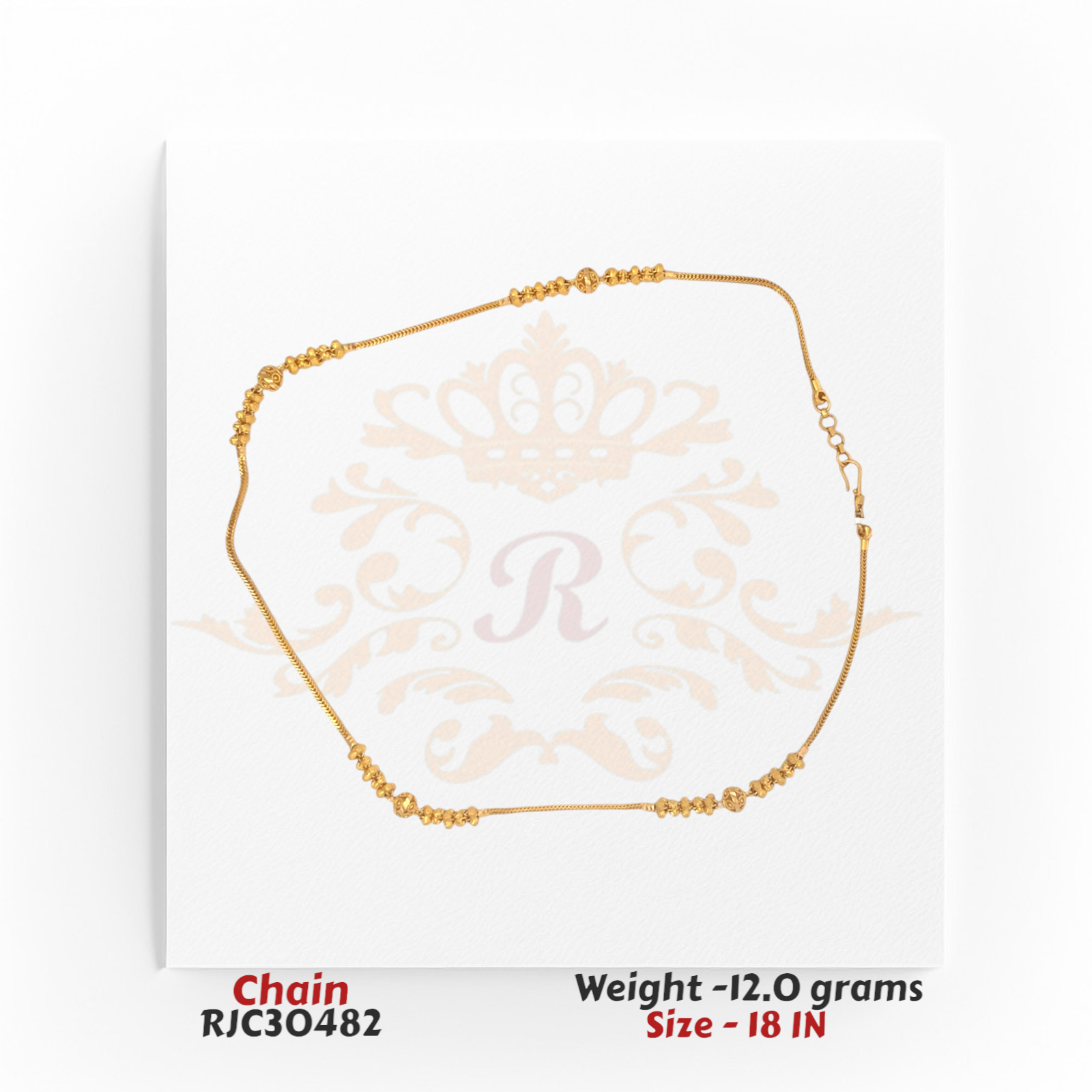 22kt gold chain featuring central filigree gold beads accented with polished details, measuring 18 inches in length. Product code RJC30482, total weight 12.0 grams.