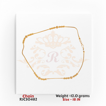 22kt gold chain featuring central filigree gold beads accented with polished details, measuring 18 inches in length. Product code RJC30482, total weight 12.0 grams.