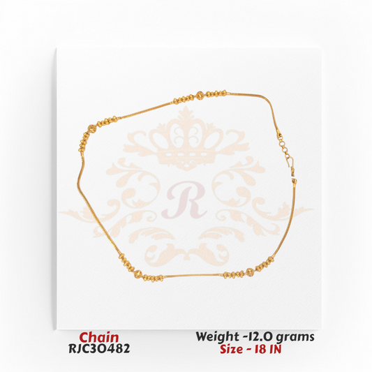 22kt gold chain featuring central filigree gold beads accented with polished details, measuring 18 inches in length. Product code RJC30482, total weight 12.0 grams.