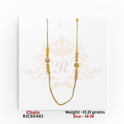 22kt gold chain with central filigree gold beads and polished accents, 18 inches in length. Product code RJC30482, total weight 12.0 grams.