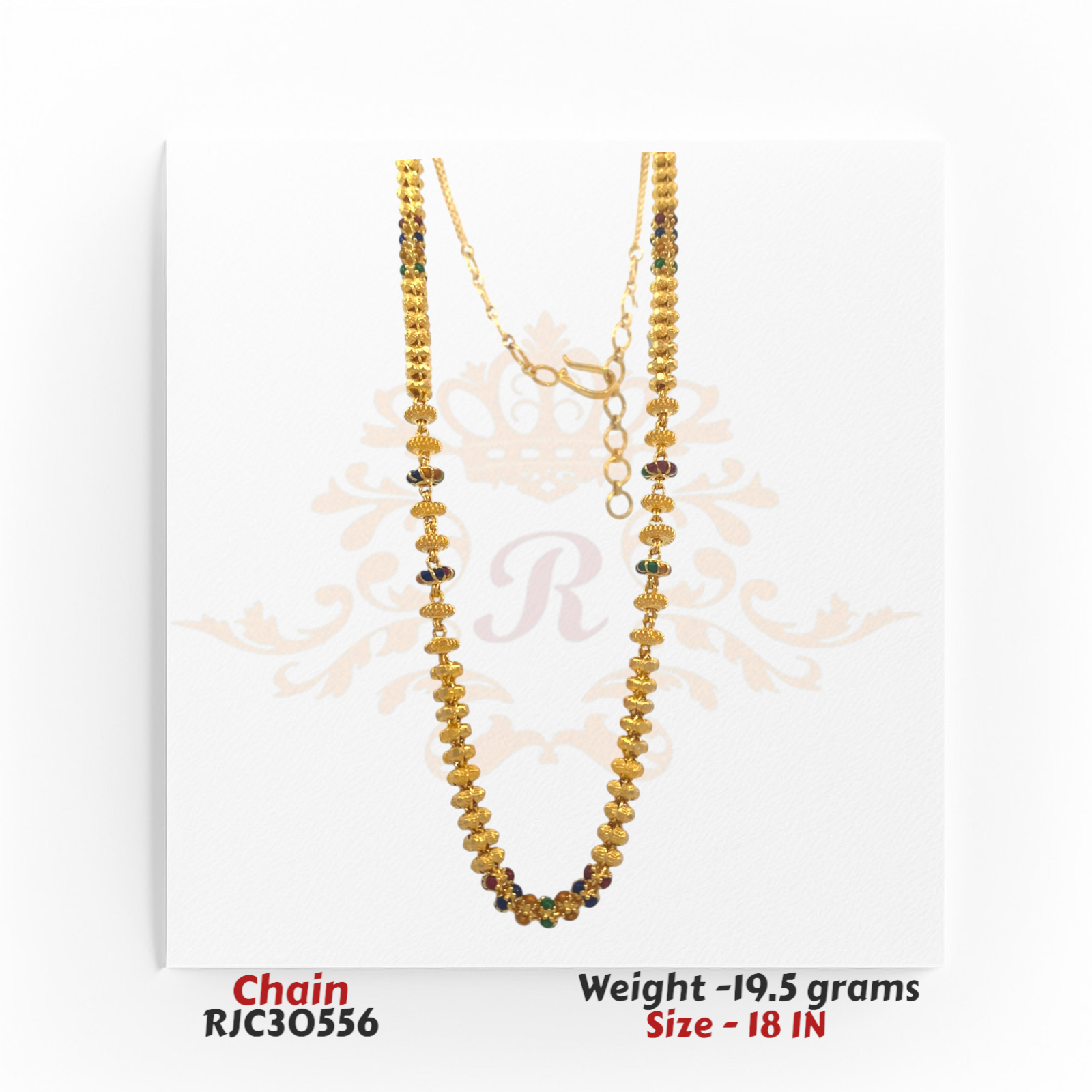 22kt gold chain with multicolored gemstone beads and intricate gold detailing, 18 inches long. Product code RJC30556, total weight 19.5 grams.