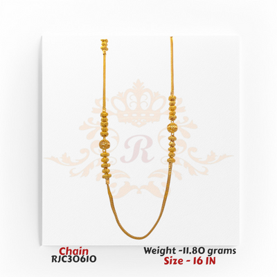 22kt gold chain with detailed beaded motifs and filigree accents, 16 inches in length. Product code RJC30610, total weight 11.80 grams.