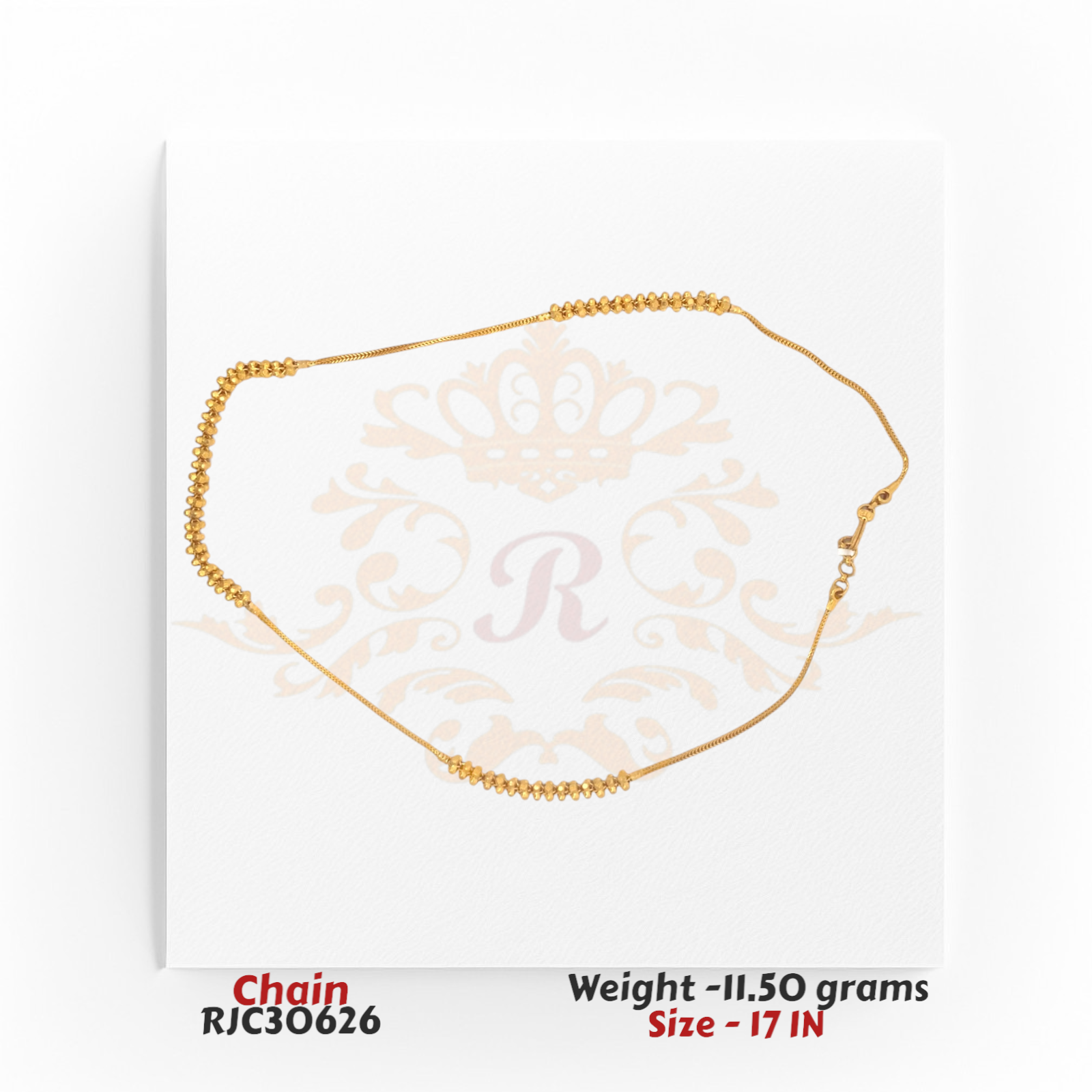 Women’s 22kt gold chain with an elegant beaded pattern design, measuring 17 inches in length. Product code RJC30626, total weight 11.50 grams.
