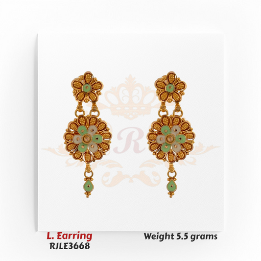 22kt gold long earrings with green enamel floral motifs and teardrop dangle, product code RJLE3668, weight 5.5 grams.