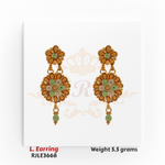 22kt gold long earrings with green enamel floral motifs and teardrop dangle, product code RJLE3668, weight 5.5 grams.