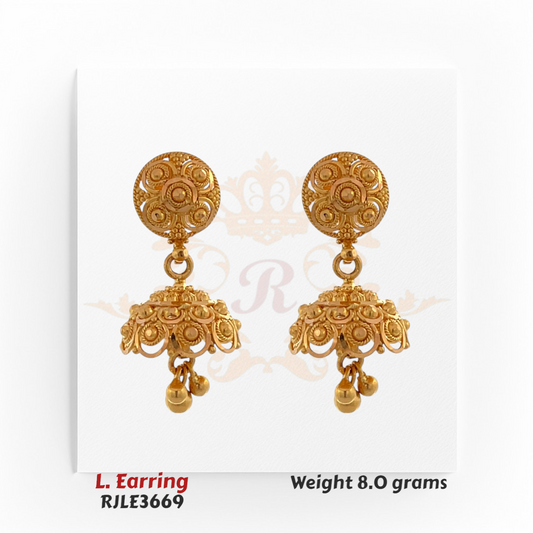 22kt gold long jhumka earrings with spiral disc top and floral dome dangle, product code RJLE3669, weight 8.0 grams.