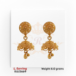 22kt gold long jhumka earrings with spiral disc top and floral dome dangle, product code RJLE3669, weight 8.0 grams.